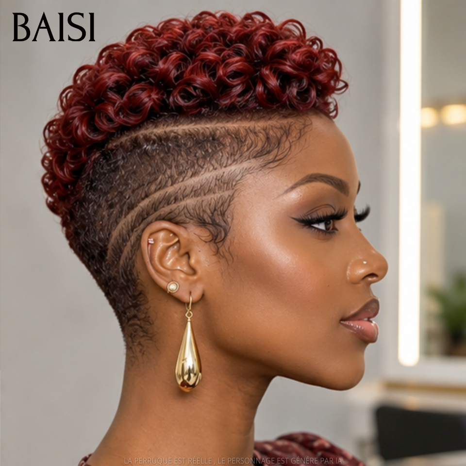 BAISI Full Lace Perruque Pixie Courte Curly 159€ Couleur Rouge Bordeaux 1B/99J# Très Moderne en 100% Cheveux Humains