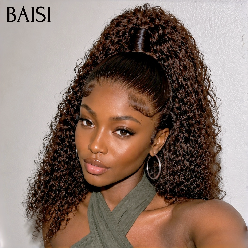 BAISI 13x4 lace Perruque Coiffée Curly wave Bouclée Couleur Noir et Marron 1B/4# Maginifique Coiffure en 100% Cheveux Humains