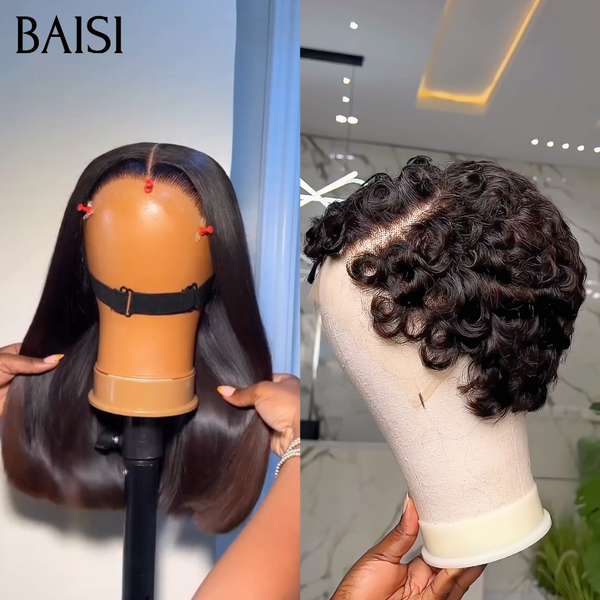 BAISI Lot de 2 Perruques + 1 Gratuite 179€ 2x6 Lace Closure bob Lisse Noir Marron 1BT/4# + 13x4 Lace Pixie Wave Courte Noir Excellent Choix Pour Revendeurs Débutantes Très Bonne Qualité en 100% Cheveux Humains