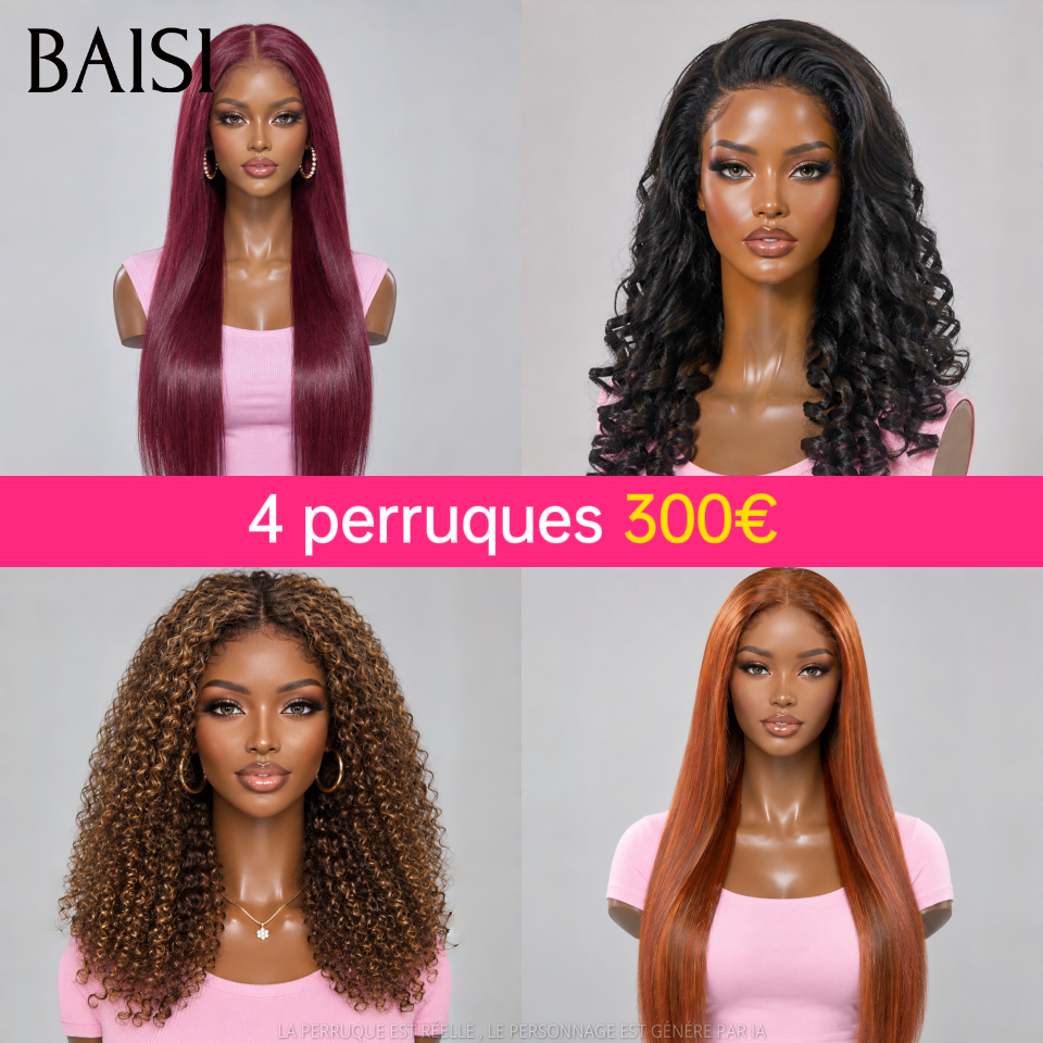 BAISI 13x4 Lace Lot de 4 Perruques Longues 300€ Couleurs Noir Rouge et Marron Et Marron Glacé Différentes Textures 18Pouces Récommandation Spéciale Petit Business en 100% Cheveux humains