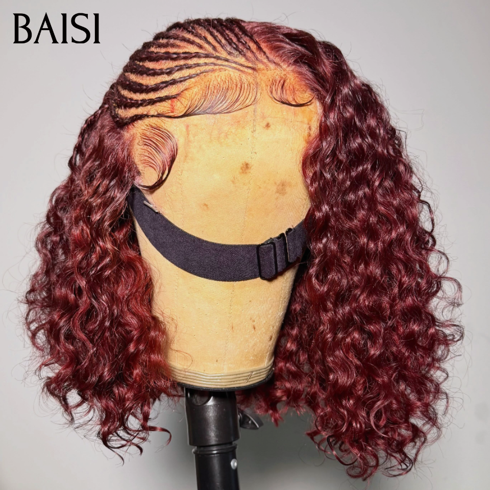 BAISI 4x4 Lace Perruque Coiffée Bob Curly Wave Couleur Rouge Bordeaux 99J# Taille 12Pouces 119€ Seulement Meilleur Prix Meilleure Qualité en 100% Cheveux humains