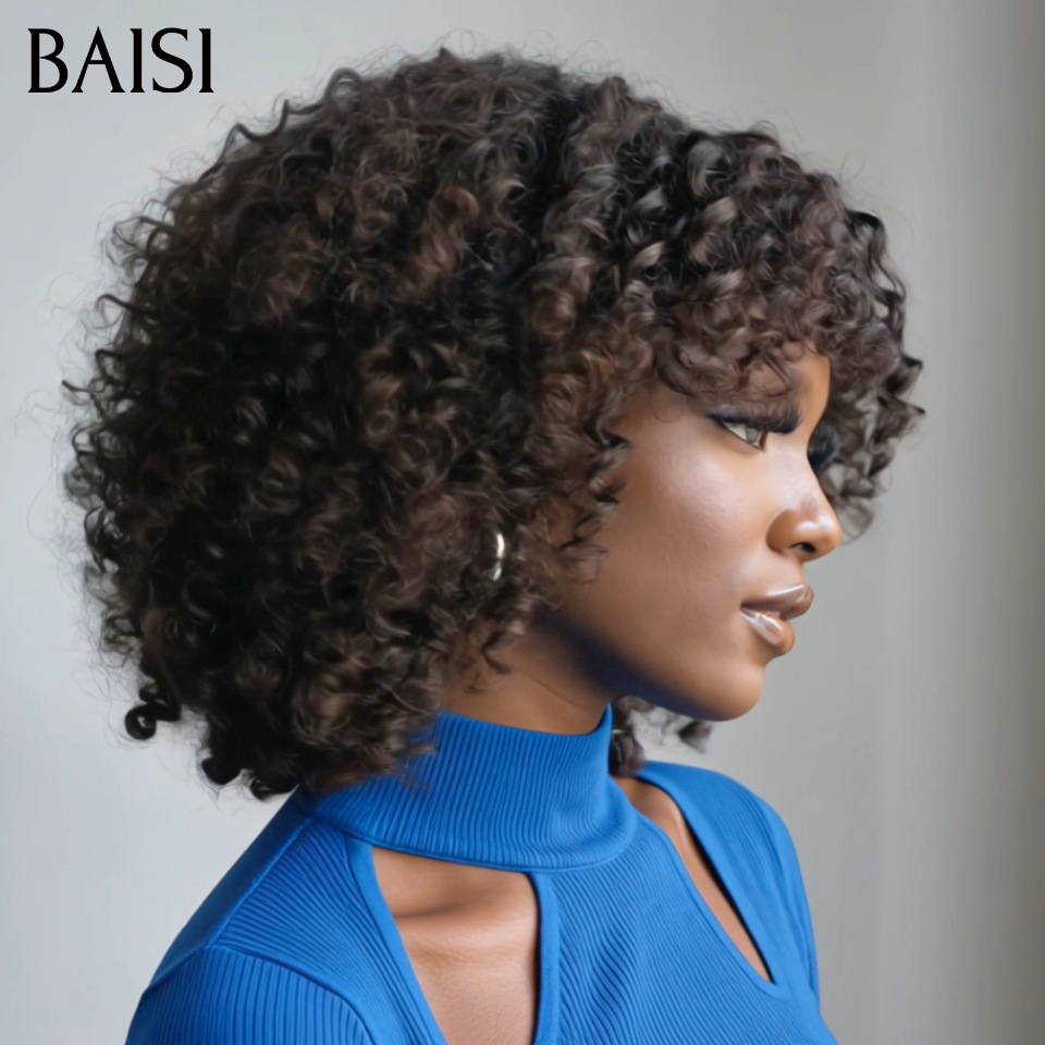 BAISI 4x4 Lace Closure Perruque Bob Curly Wave Avec Frange ou 2x6 Lace Perruque Bob Lisse 100% Vietnam Hair Top Qualité Pratique Pour le Travail 12Pouces Couleur Noir 1B# 14Pouces en 100% Cheveux humains