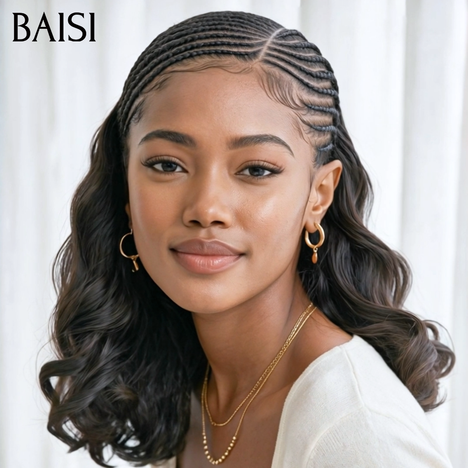 BAISI 13x6 Lace Perruque Coiffée Ondulée Body Wave 12Pouces 129€ Couleur Noir 1B# Devanture Petites Nattes bien Aérés en 100% Cheveux humains