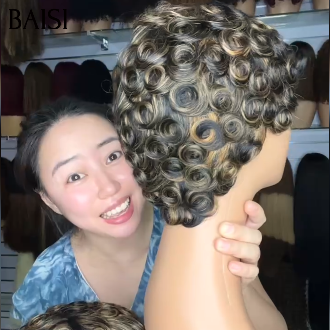 BAISI Perruque Pixie Boucle wave Noir Miel 1B/27# 49€ Sans Colle Sans Lace Ultra Pratique en 100% Cheveux humains