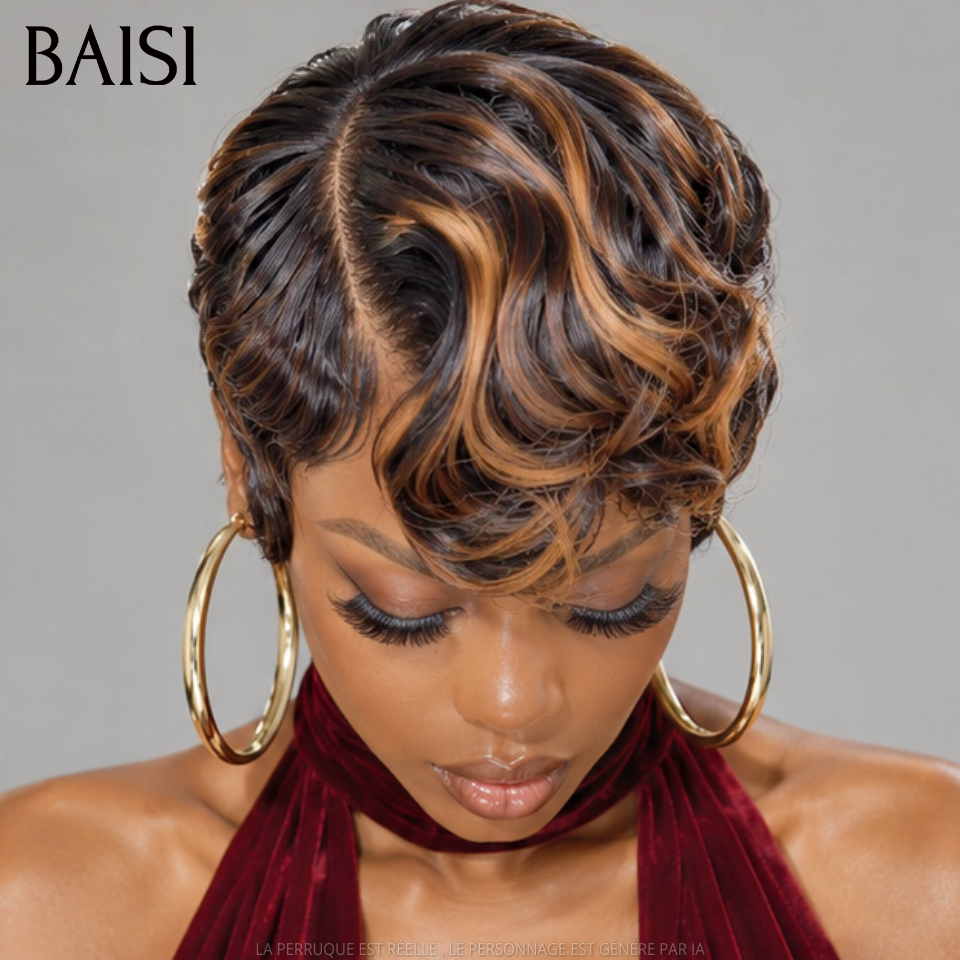 BAISI 13x4 Lace Perruque Pixie Courte Ondulée  79€ Couleur Noir et Marron 1B/33# Coiffure Tendance Avancer en Beauté en 100% Cheveux Humains