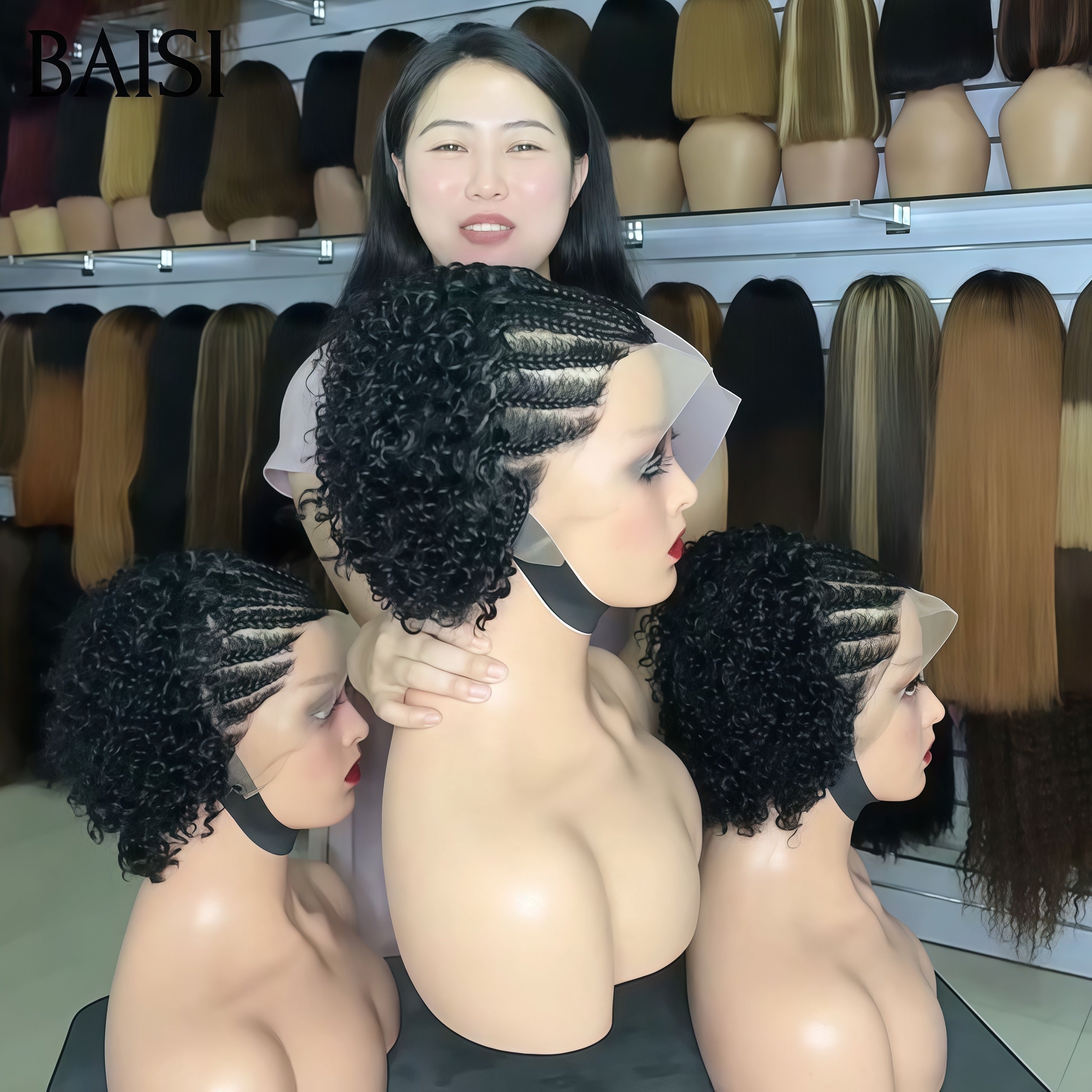 BAISI 13x4 Lace Perruque Pixie Courte Curly Wave avec Nattes au Devant Contre la Chaleur 79€ Seulement en 100% cheveux humains 