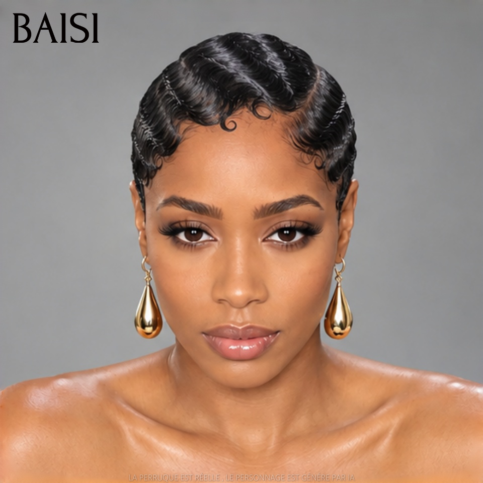 BAISI Full Lace Perruque Pixie Wave Déjà Coiffée Couleur Noir 1B# 139€ 100% Identique Spécialement Légère en 100% Cheveux humains
