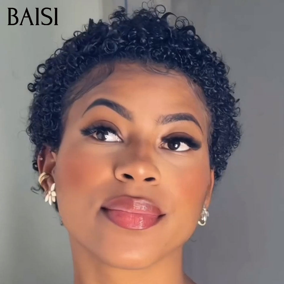 BAISI Pixie Petite Coupe Curly en Lace 13x4 Frontal 75€ Seulement Prix Imbattable Modèle Unique  En 100% Cheveux Humains