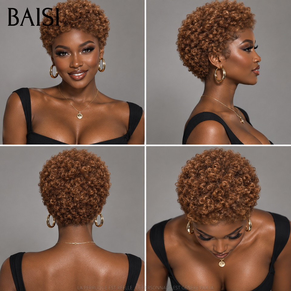 BAISI Perruque Pixie Afro Curl 13x4 lace frontal bouclé partout Couleur Marron #4 en 100% cheveux humains F-905