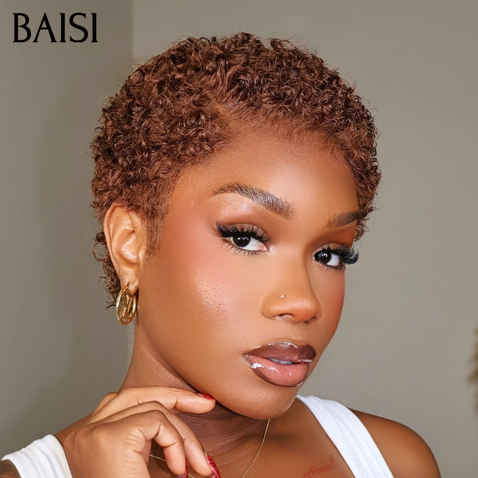 BAISI 13x4 LAce Pixie Afro Curly Couleur Marron 4#  66€ Petite Coupe Elégante et Charmante Pour l'Eté En 100% Cheveux Humains