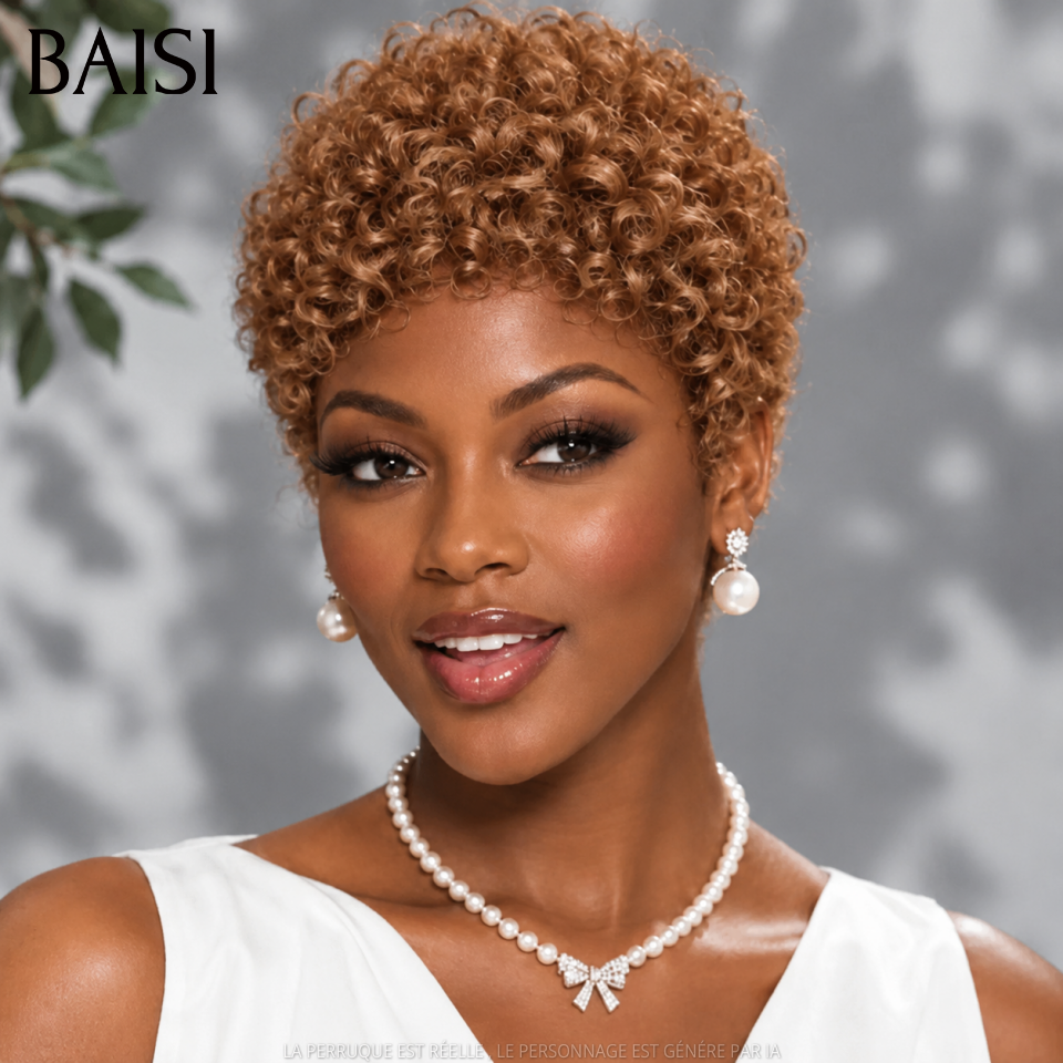 BAISI Perruque Pixie Petite Coupe Curly Toutes les Couleurs Sans colle Sans Lace Parfaitement Adaptée Très Bonne qualité en 100% Cheveux humains