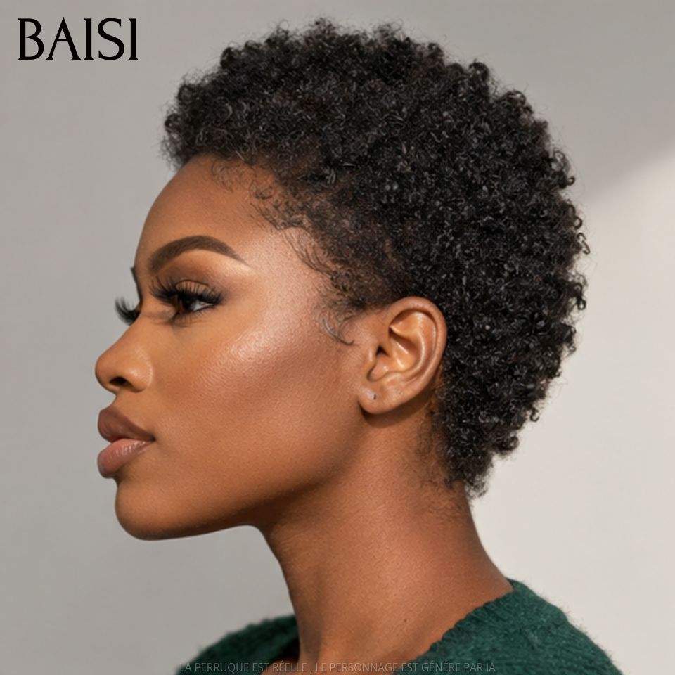 BAISI pixie Perruque sans colle afro curly en France 40€ 200% Densité en 100% Cheveux humains