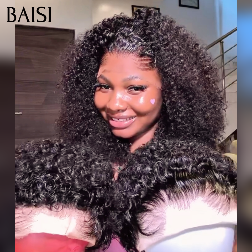 BAISI 13x4 Lace Perruque Kinky Curly Pixie Courte 6pouces ou Longue 20pouces Couleur Noir 1B#  en 100% vrais cheveux humains