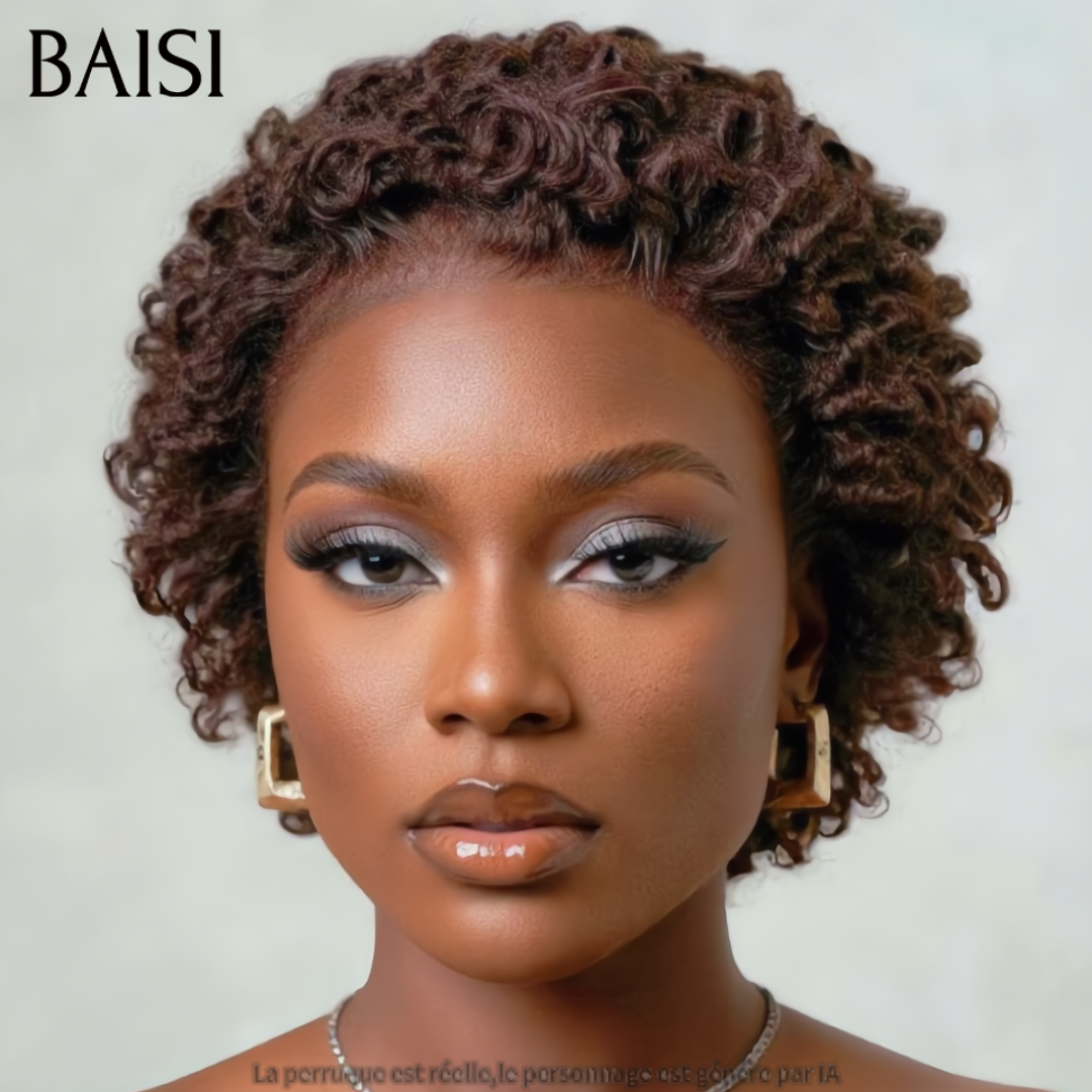 BAISI 13x4 Lace Perruque Déjà Coiffée Pixie Curly Burmese Courte Noir 79€ Ou Marron 85€ Tendance et Attirante en 100% Cheveux humains