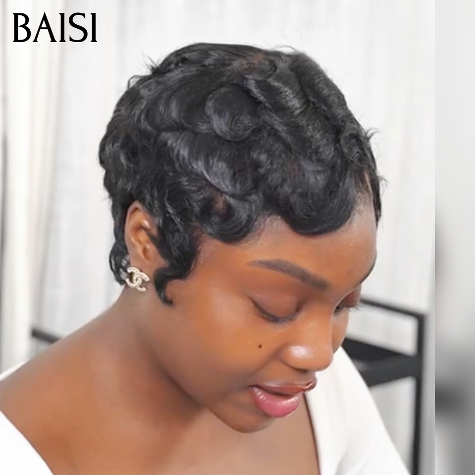 BAISI Full Lace Perruque Coiffée Pixie Courte Wave 139€ Coupe Légère Et Moderne Contre Chaleur 100% Identique en En 100% Cheveux humains