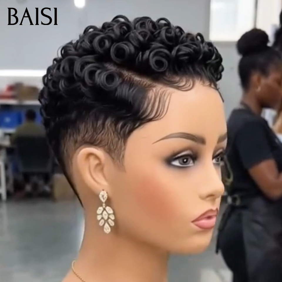 BAISI 13x4 Lace Perruque Déjà Coiffée Pixie Curly Courte Noir 74€ Seulement Coupe Garçon 100% Identique Déjà Prête A Porter en 100% Cheveux humains