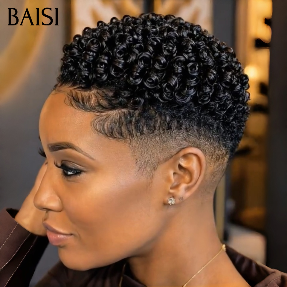 BAISI 13x4 Lace Perruque Déjà Coiffée Pixie Curly Courte Noir 74€ Seulement Coupe Garçon 100% Identique Déjà Prête A Porter en 100% Cheveux humains