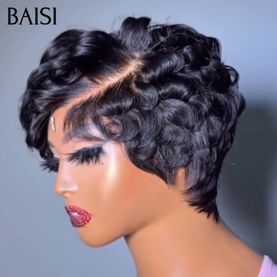 BAISI 13x4 Lace Perruque Coiffée Pixie Ondulée Courte Noir 78€ Deja Prête A Porter Coupe Très A l a Mode En 100% Cheveux humains