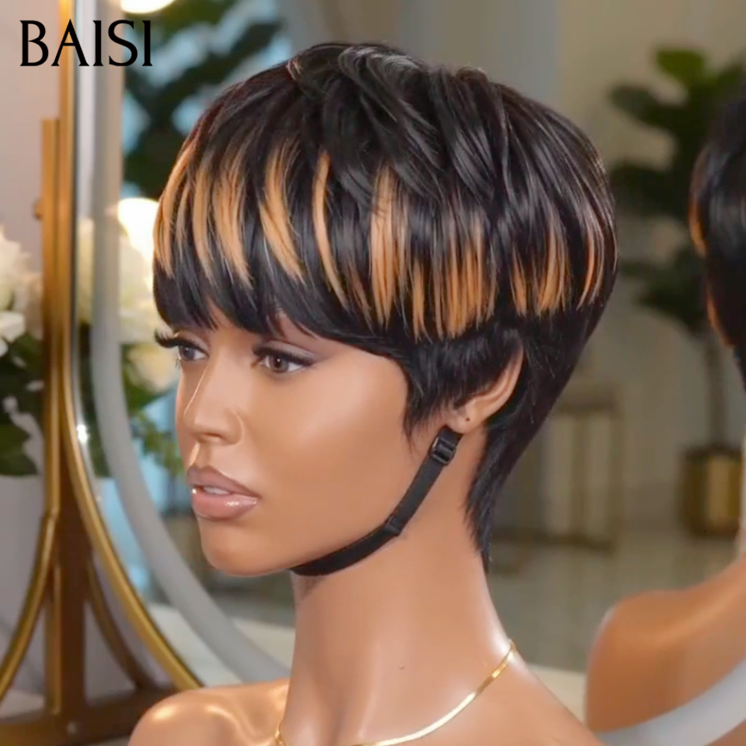 BAISI Perruque Pixie Courte Lisse Marron Noir Sans Lace 68€ Look Authentique en 100% Cheveux humains