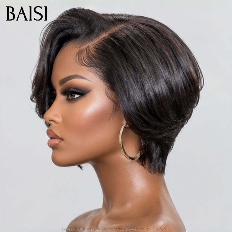 BAISI Perruque pixie Lisse avec lace frontal 60€ NOIR Élégant et facile à porter En 100% Cheveux Humains
