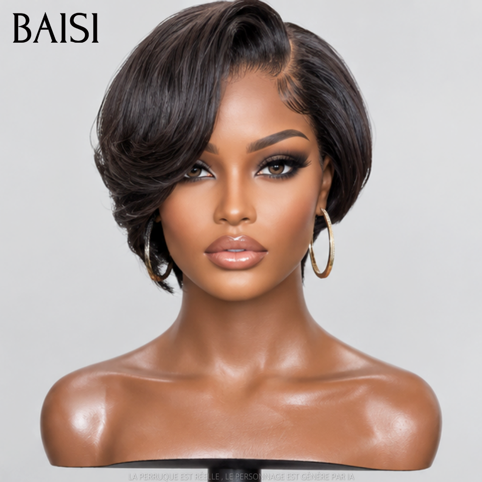 BAISI Perruque pixie Lisse avec lace frontal 60€ NOIR Élégant et facile à porter En 100% Cheveux Humains
