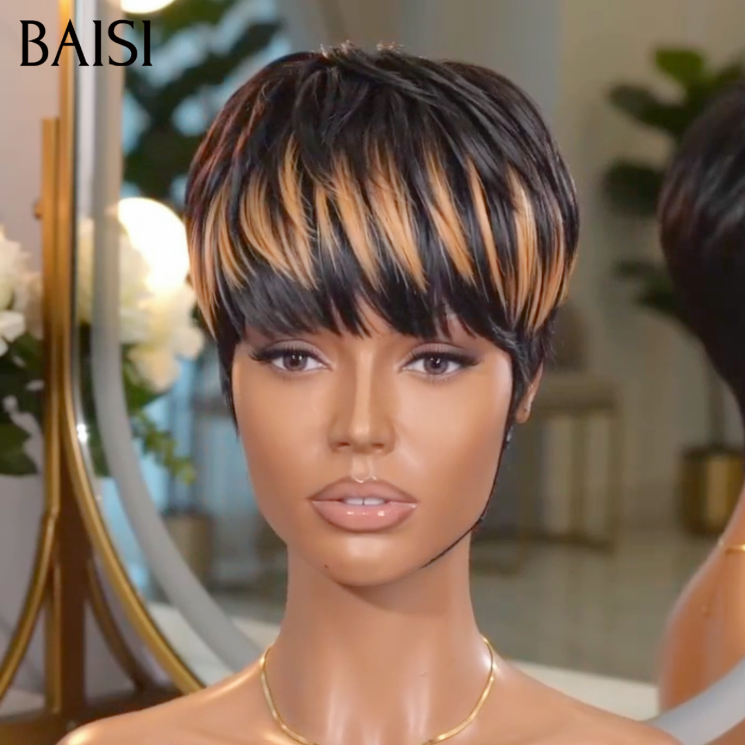 BAISI Perruque Pixie Courte Lisse Marron Noir Sans Lace 68€ Look Authentique en 100% Cheveux humains