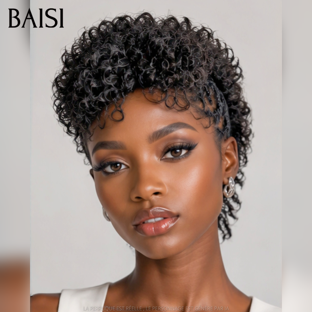 BAISI Full Lace Perruque Pixie Courte Déjà Coiffée  et Nattée Couleur Noir 176€ Choix Idéal Contre Chaleur Look Extra en 100% Cheveux humains