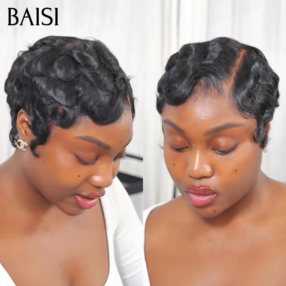 BAISI Full Lace Perruque Coiffée Pixie Courte Wave 139€ Coupe Légère Et Moderne Contre Chaleur 100% Identique en En 100% Cheveux humains