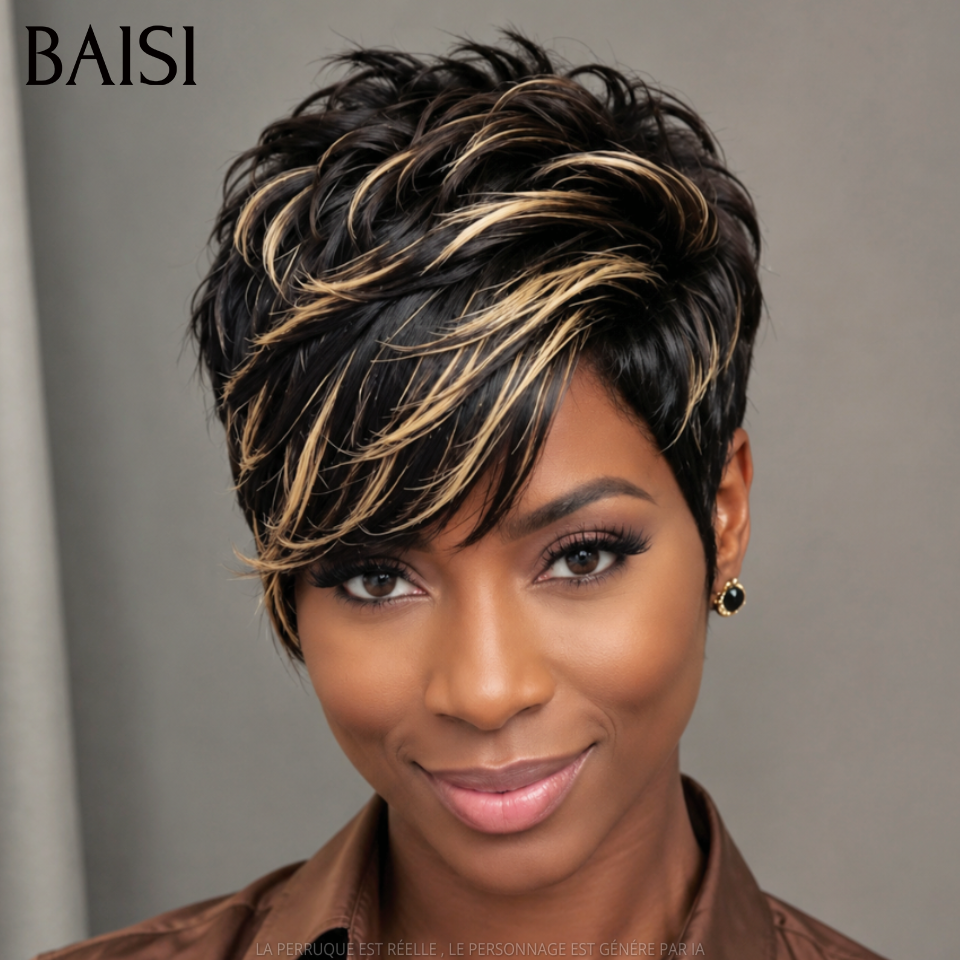 BAISI Perruque Pixie Lisse Couleur Noir Miel 1B/27# 49€ Sans Colle Sans Lace Coupe Effilée Dégradée en 100% Cheveux humains