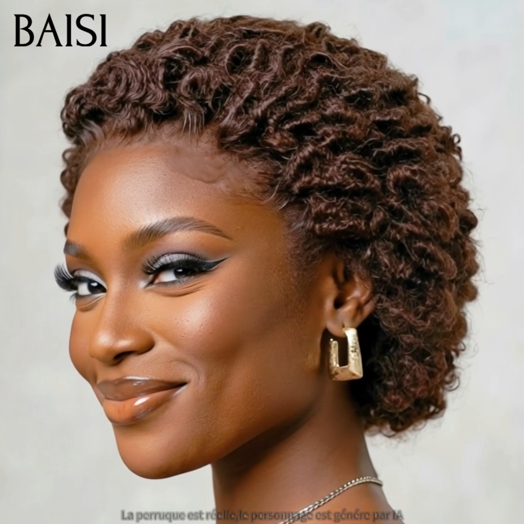 BAISI 13x4 Lace Perruque Déjà Coiffée Pixie Curly Burmese Courte Noir 79€ Ou Marron 85€ Tendance et Attirante en 100% Cheveux humains