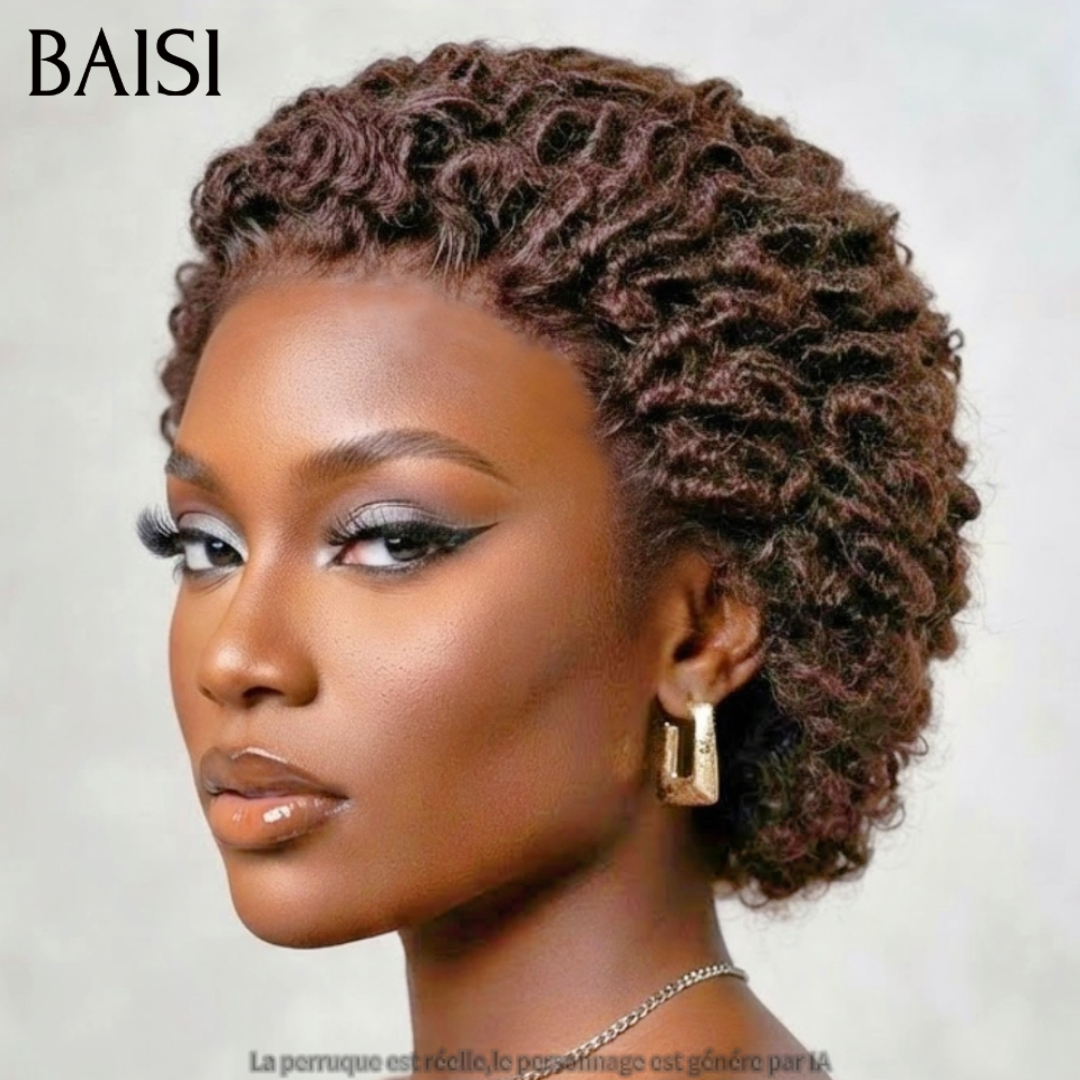BAISI 13x4 Lace Perruque Déjà Coiffée Pixie Curly Burmese Courte Noir 79€ Ou Marron 85€ Tendance et Attirante en 100% Cheveux humains