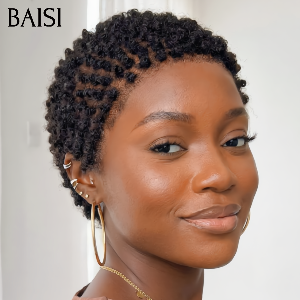 BAISI Perruque full lace courte Noir 1B# Sans Colle Sans Lace Très légère et respirante en 100% Cheveux humains