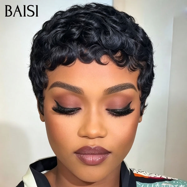 BAISI Perruque Pixie Courte Ondulée Wave Couleur Noir 1B# 50€ Seulement Sans Colle Sans Lace Pour Débutantes en 100% Cheveux humains