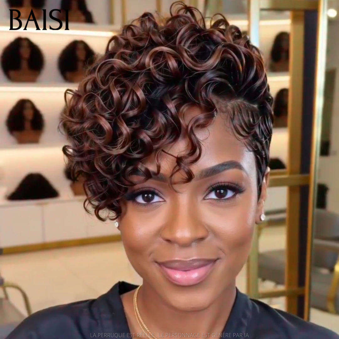 BAISI 13x4 lace Perruque Pixie Curly 85€ en couleur Noir Marron 1B/4 Boucle Splendide en 100% Cheveux Humains