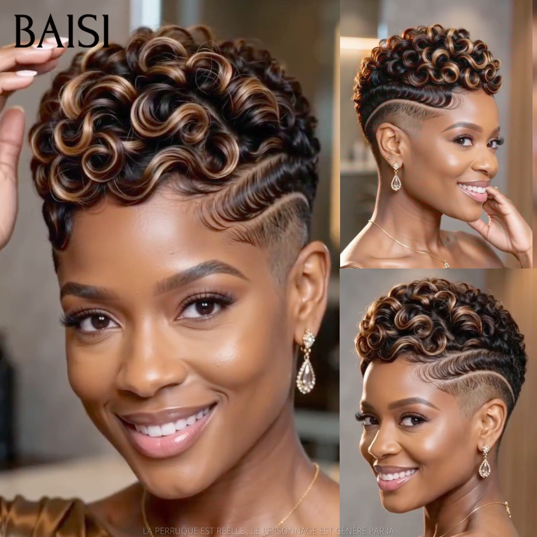 BAISI Perruque Pixie Lisse Noir Ombré Marron 1B/4# 68€ Sans Colle Sans Lace Couleurs Trois Tons Original en 100% Cheveux humains