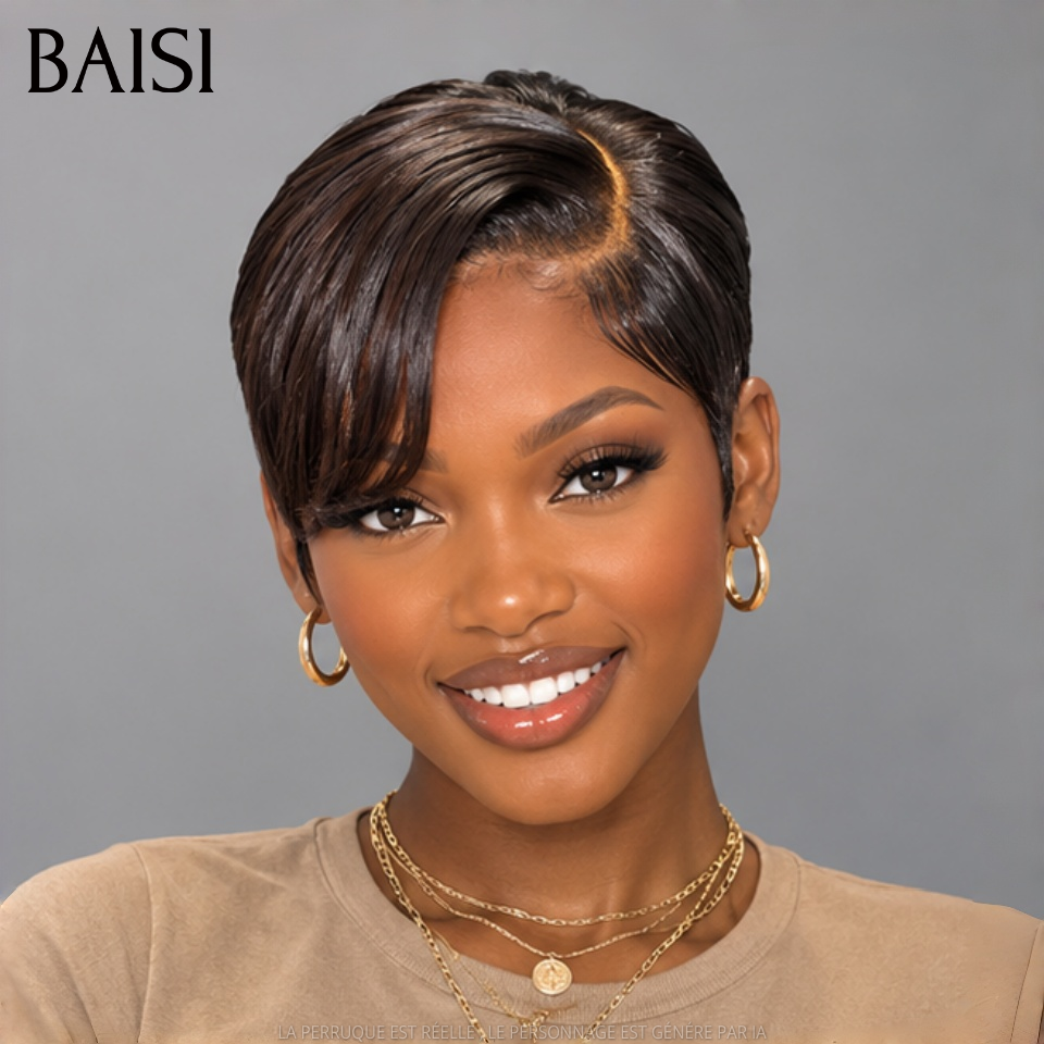 BAISI 5X5 HD perruque pixie Raie sur le côté lisse naturel 129€ en 100% Cheveux Humains