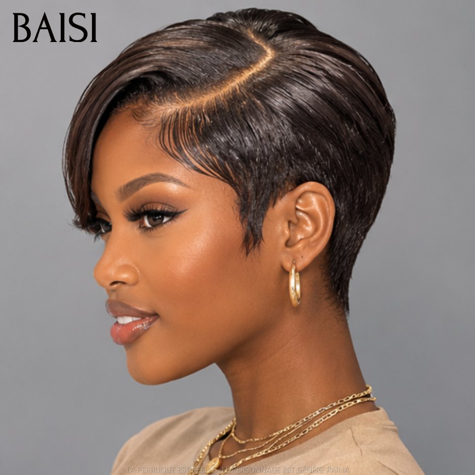 BAISI 5X5 HD perruque pixie Raie sur le côté lisse naturel 129€ en 100% Cheveux Humains
