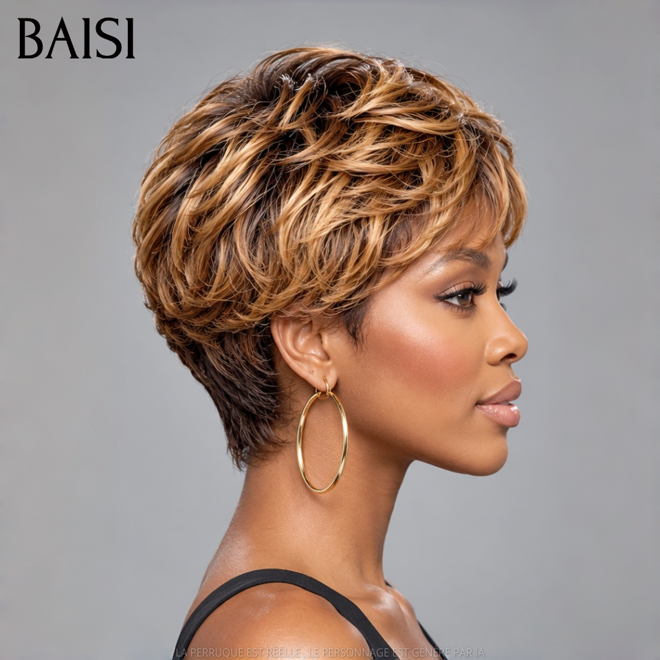 BAISI Perruque Pixie Lisse Courte Couleur Mixte Miel 4/27# 89€ Sans Colle Sans Lace Porter en Toute Légèreté  en 100% Cheveux Humains