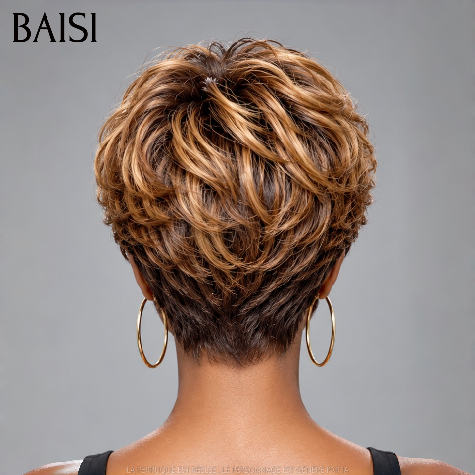 BAISI Perruque Pixie Lisse Courte Couleur Mixte Miel 4/27# 89€ Sans Colle Sans Lace Porter en Toute Légèreté  en 100% Cheveux Humains
