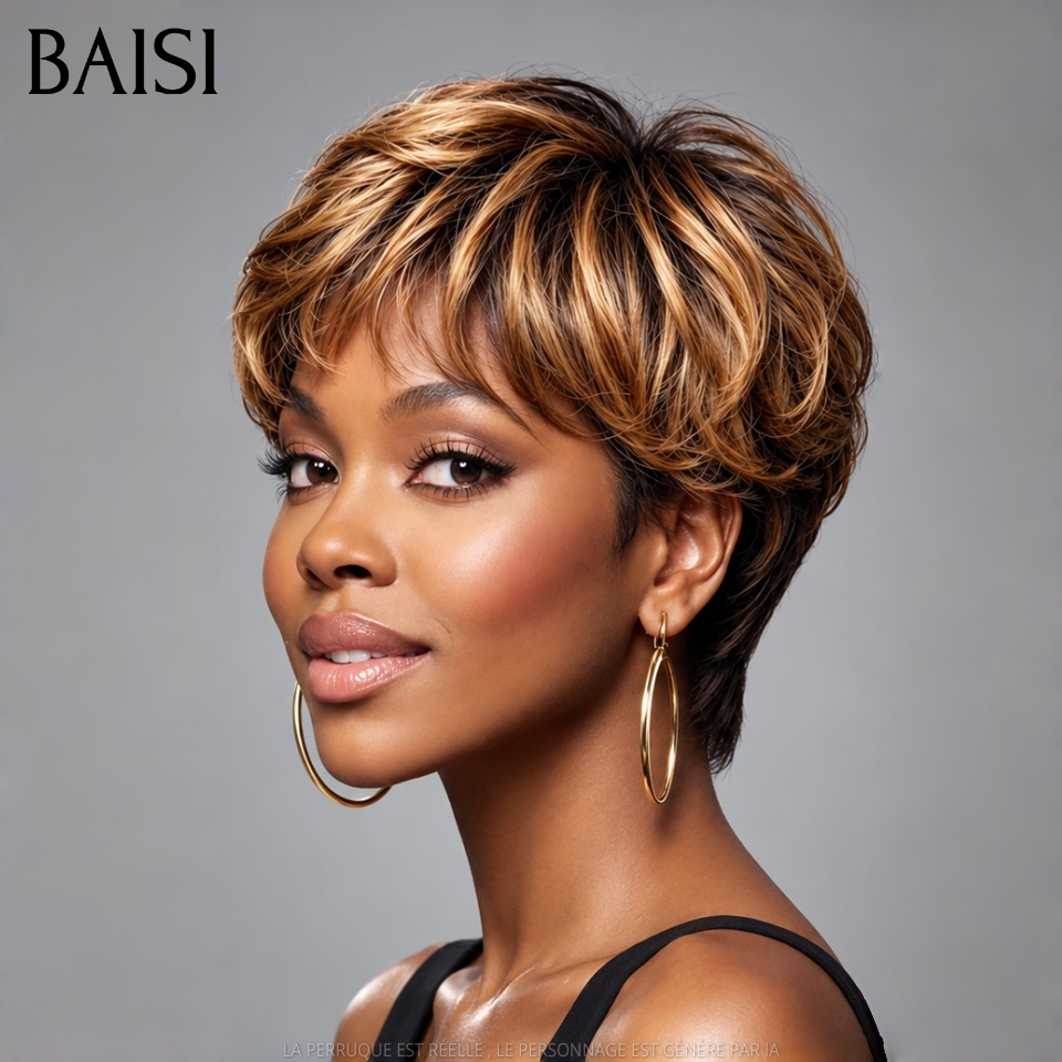 BAISI Perruque Pixie Lisse Courte Couleur Mixte Miel 4/27# 89€ Sans Colle Sans Lace Porter en Toute Légèreté  en 100% Cheveux Humains
