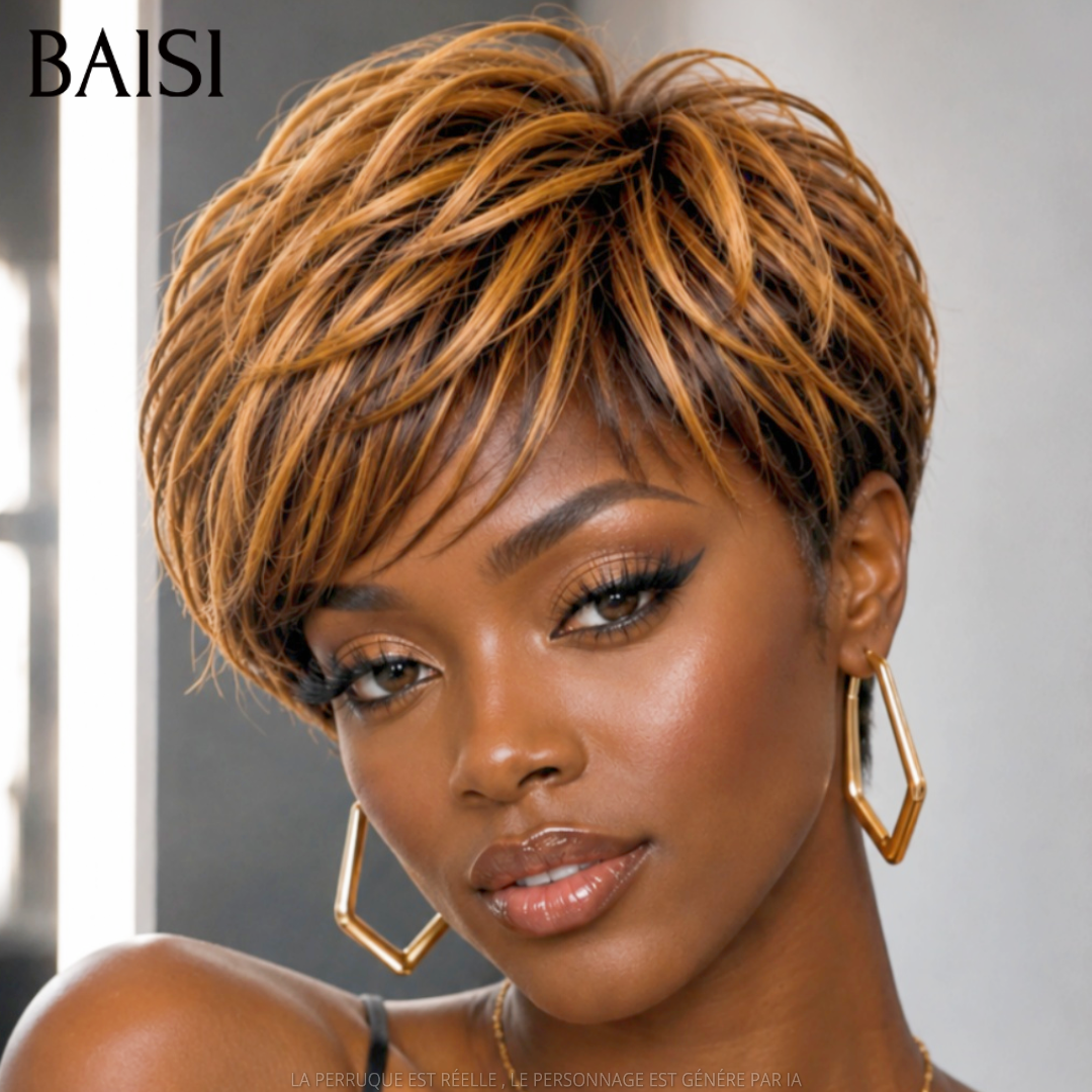 BAISI Lot de 2 Perruques Pixie Lisse Miel et Marron 89€ Sans Colle Sans Lace 100% Identique  en 100% Cheveux humains