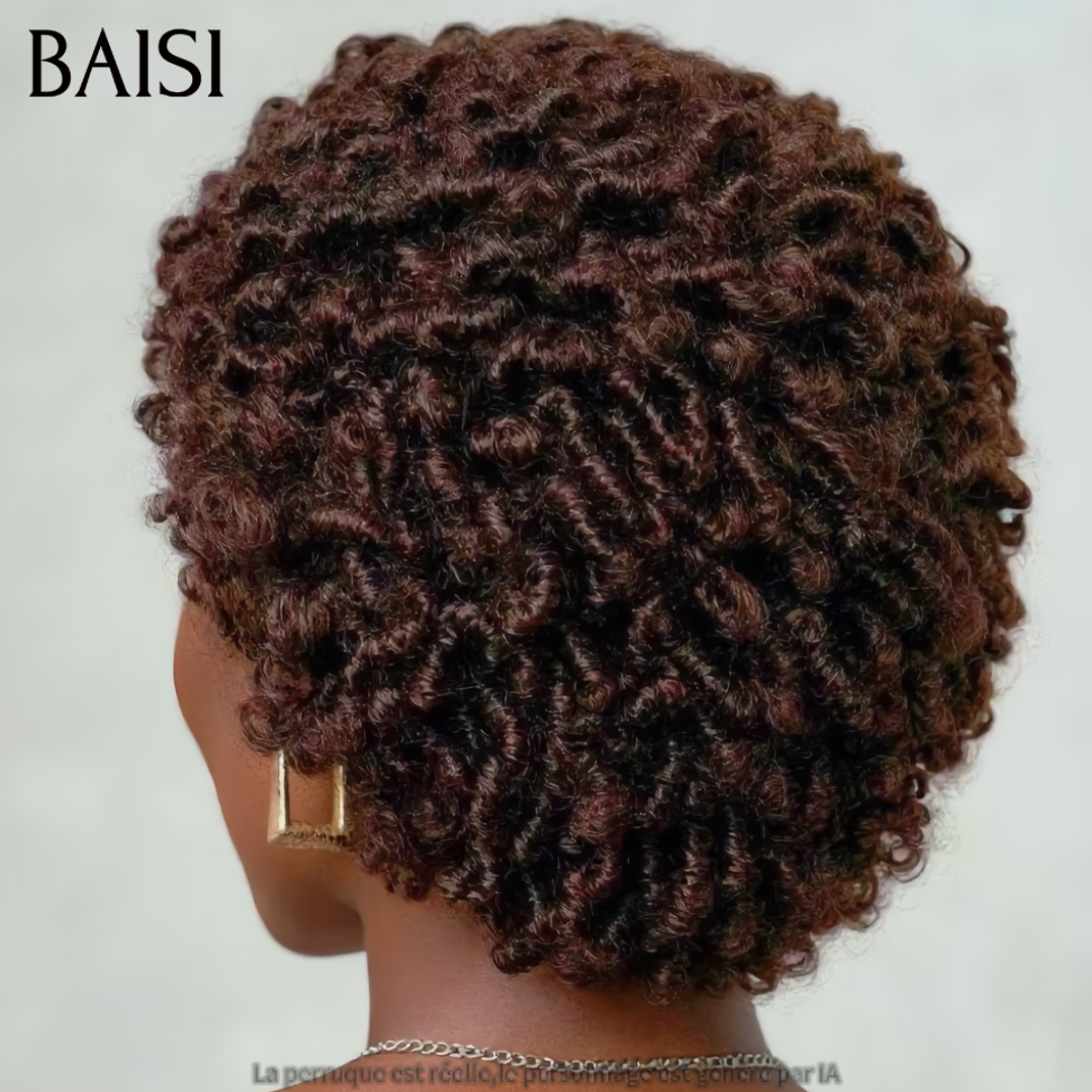 BAISI 13x4 Lace Perruque Déjà Coiffée Pixie Curly Burmese Courte Noir 79€ Ou Marron 85€ Tendance et Attirante en 100% Cheveux humains