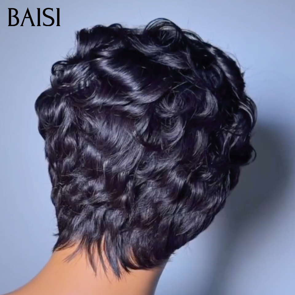 BAISI 13x4 Lace Perruque Coiffée Pixie Ondulée Courte Noir 78€ Deja Prête A Porter Coupe Très A l a Mode En 100% Cheveux humains