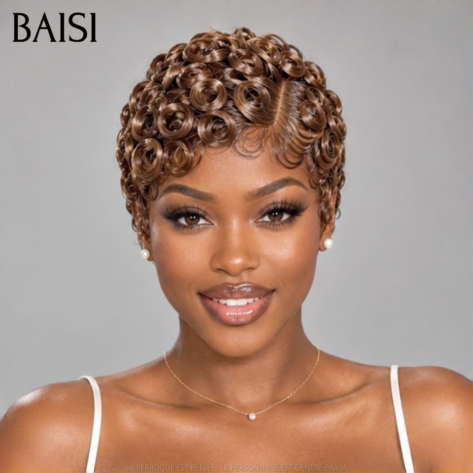 BAISI 13x4 Lace Perruque  Pixie Curly Wave 79€ Couleur Marron #4 Nouveautés 2026 en 100% Cheveux humains