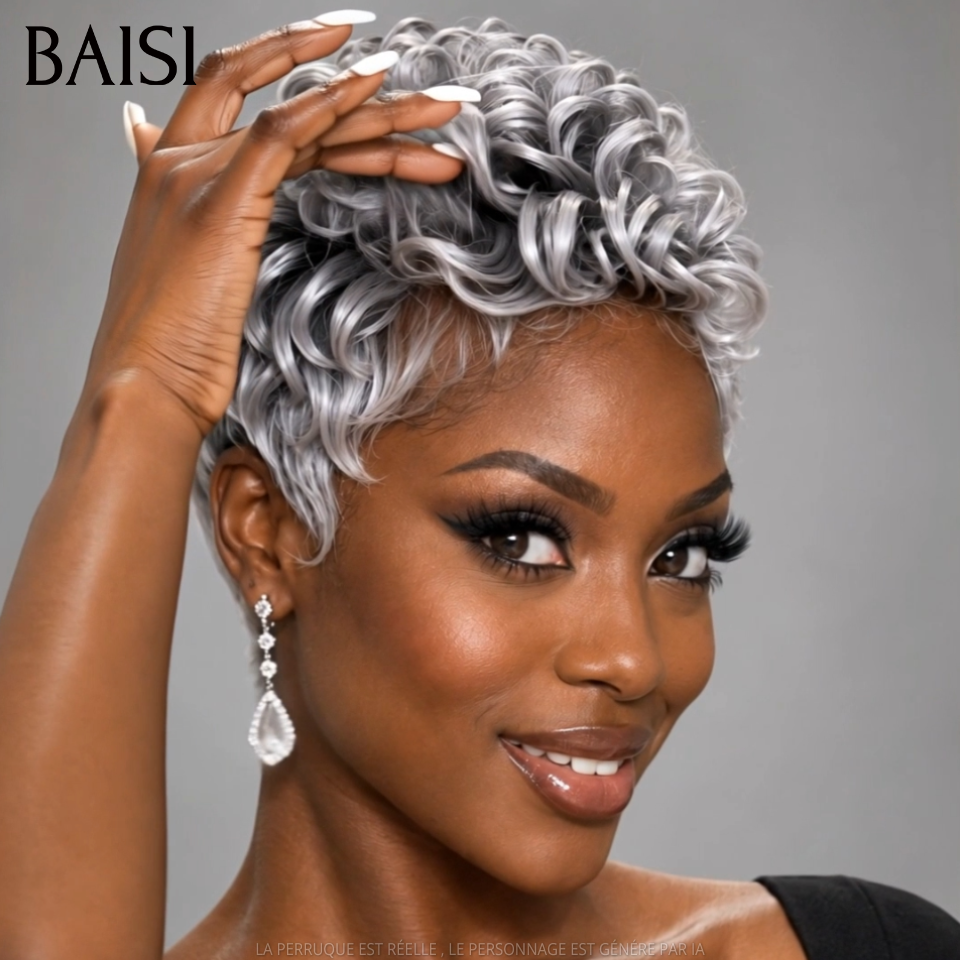 BAISI Perruque Pixie Wave Courte Couleur Gris# 89€ Sans Colle Sans Lace  Pratique Au Quotidien de Grand Mère en 100% Cheveux humains