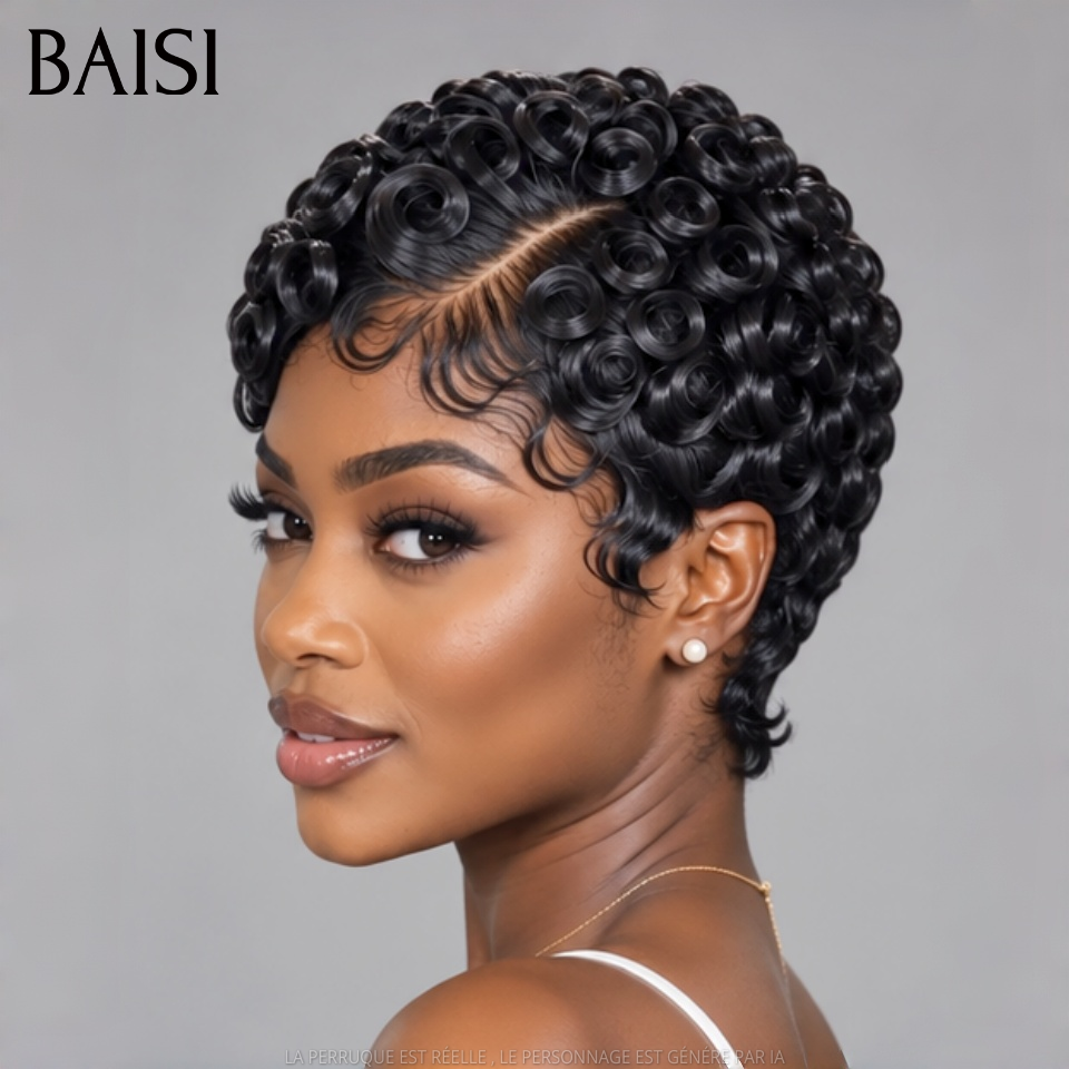 BAISI 13x4 Lace Perruque Pixie Wave Courte 77€ Avec Raie de Côté Couleur Noir 1B# Look Réaliste en 100% Cheveux Humains