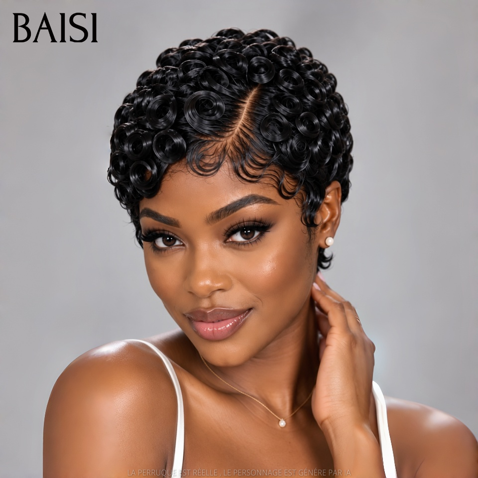 BAISI 13x4 Lace Perruque Pixie Wave Courte 77€ Avec Raie de Côté Couleur Noir 1B# Look Réaliste en 100% Cheveux Humains