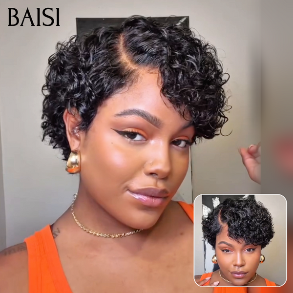 BAISI Perruque Curly Wave 6 Pouces Noir 78€ en Lace 13x4 Frontal ou Demi-Perruque Topper Curly wave cheveux partiel personnalisé en Couleur Noir 100% Cheveux Humains