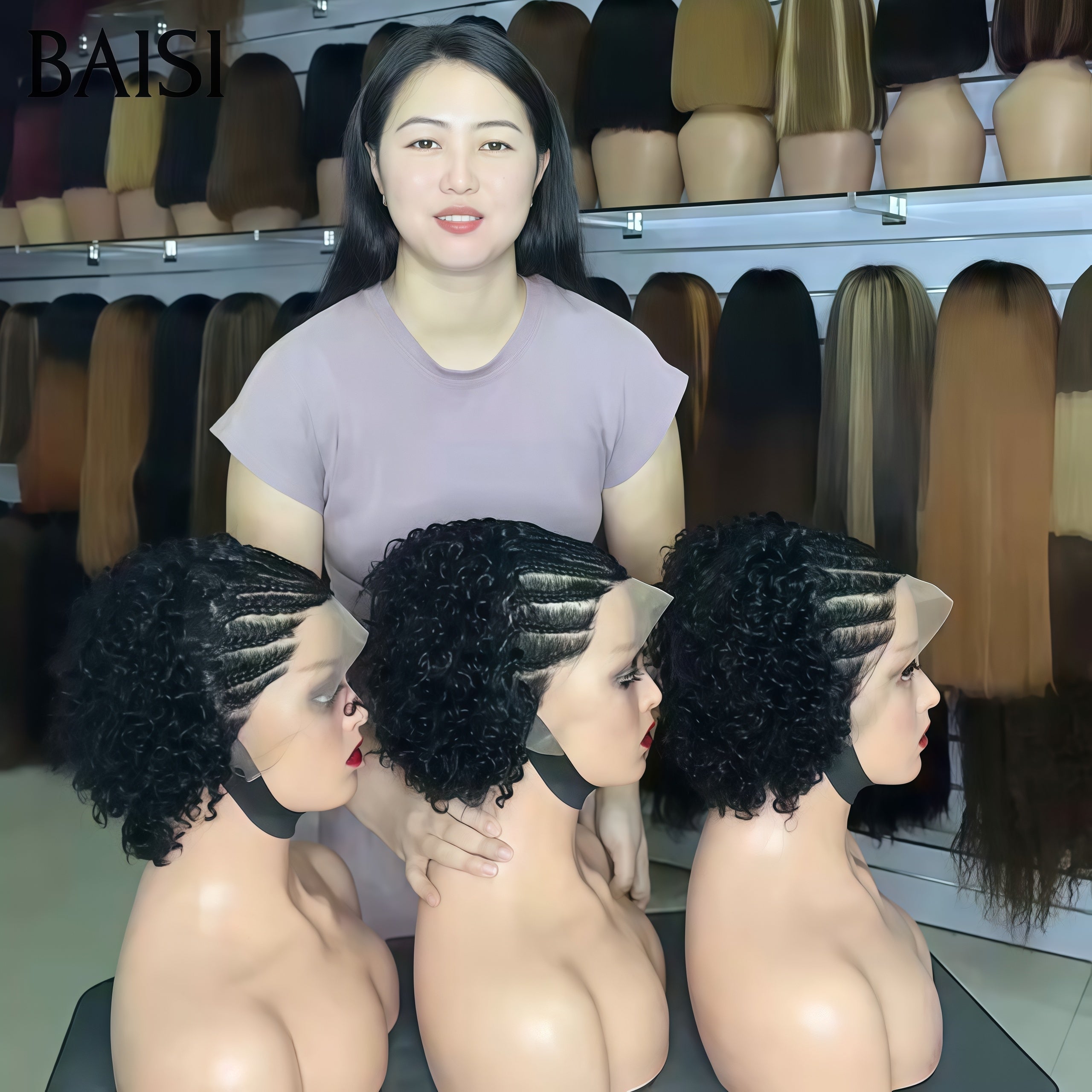 BAISI 13x4 Lace Perruque Pixie Courte Curly Wave avec Nattes au Devant Contre la Chaleur 79€ Seulement en 100% cheveux humains 