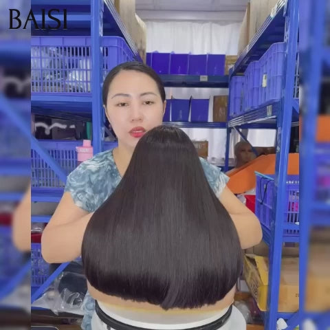 BAISI promo 13X4 lace frontal Perruque Bob Lisse noir 12 pouces 80€ 100% Vietnam Hair sans colle Pré-plucked Pas Besoin de Colle en 100% Raw Hair Lace déjà couper